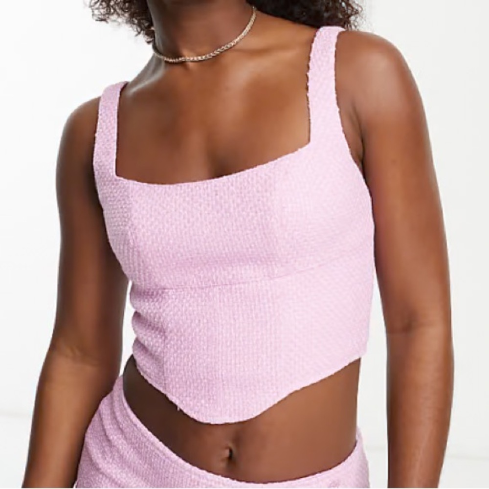 Miss Selfridge Cropped Boucle Corset Top in Lilac Pink - Size 4